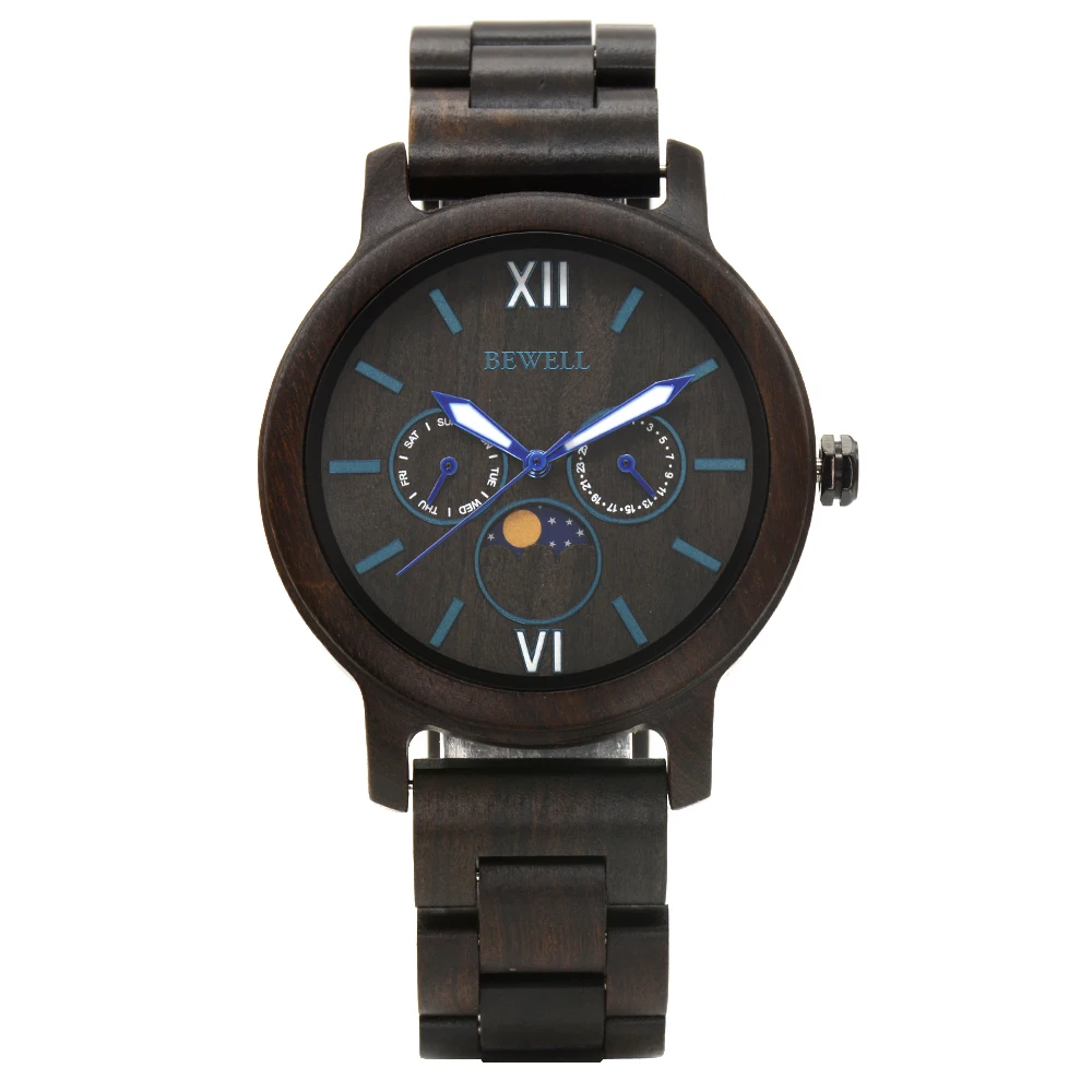 2023 Stock Bewell Wooden Watch for Men Luminous Moon Phase Men Watch Japan Movement Custom Wooden Watches Men Wrist Luxury