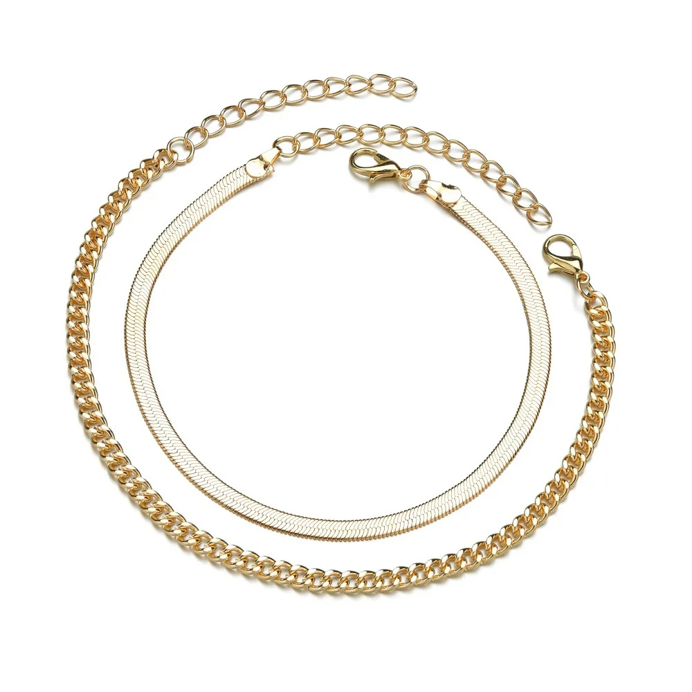 14k gold flat snake chain and cube chain stainless steel anklet set for girls