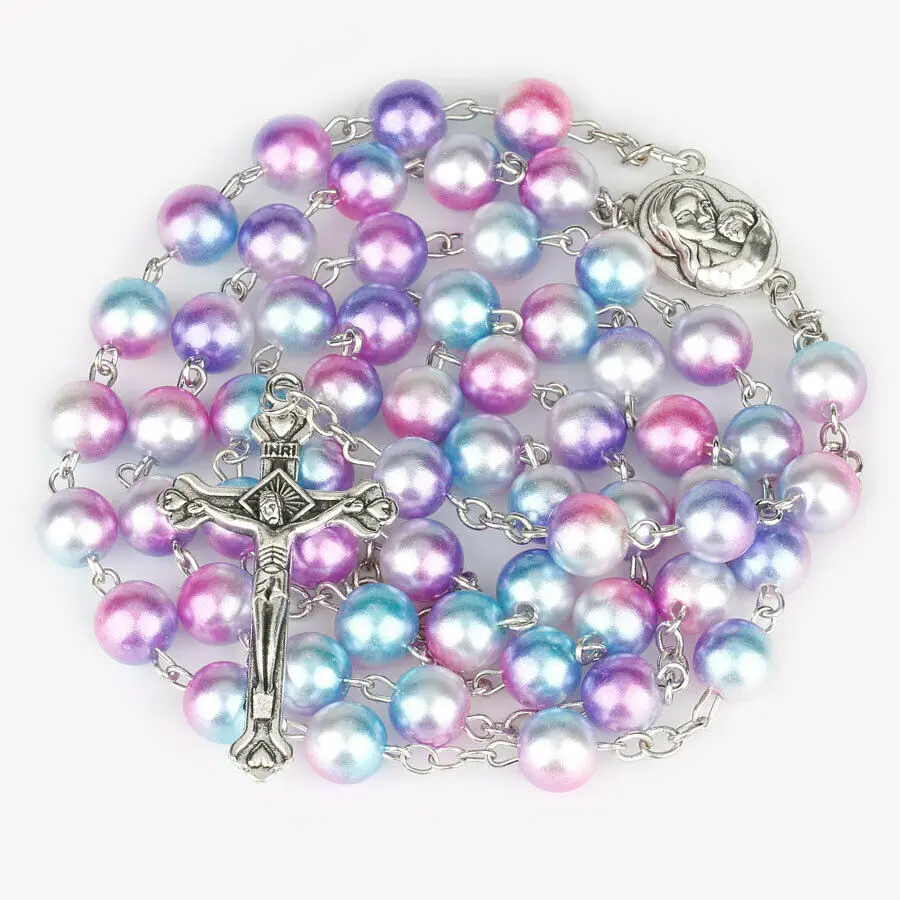 Rosary Pearl Beads Catholic Necklace Crucifix Pendant Necklace Jewelry First Holy Communion Gift