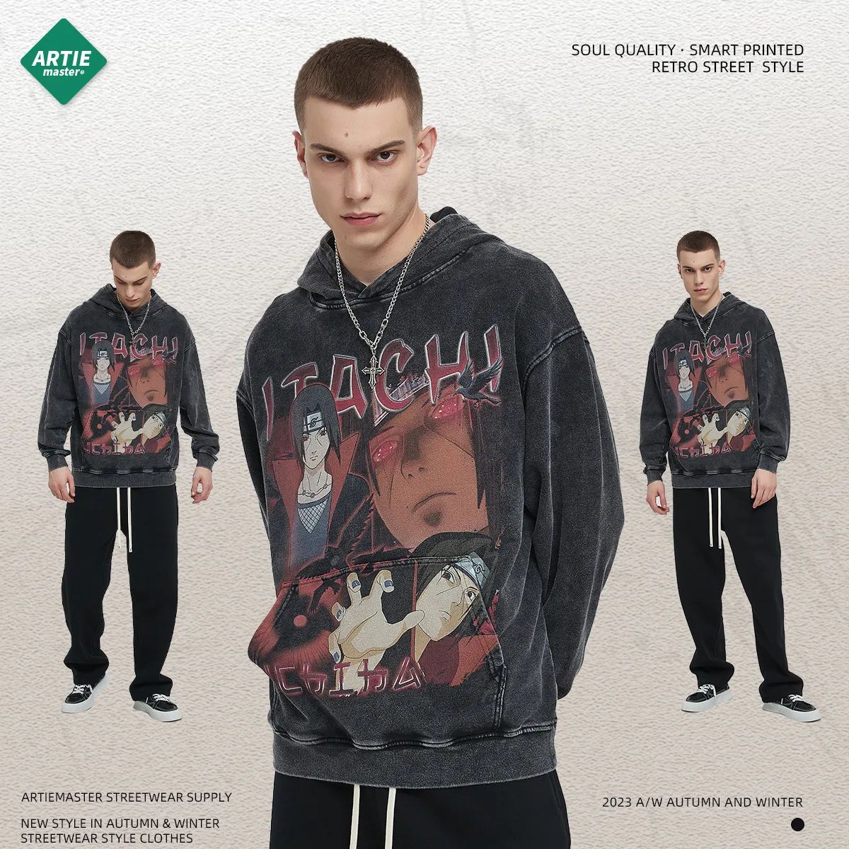 Uchiha Itachi Digital Printing 380GSM 100% Cotton Hoodie Oversized Heavyweight Vintage Acid Washed Streetwear Graphic Hoodies