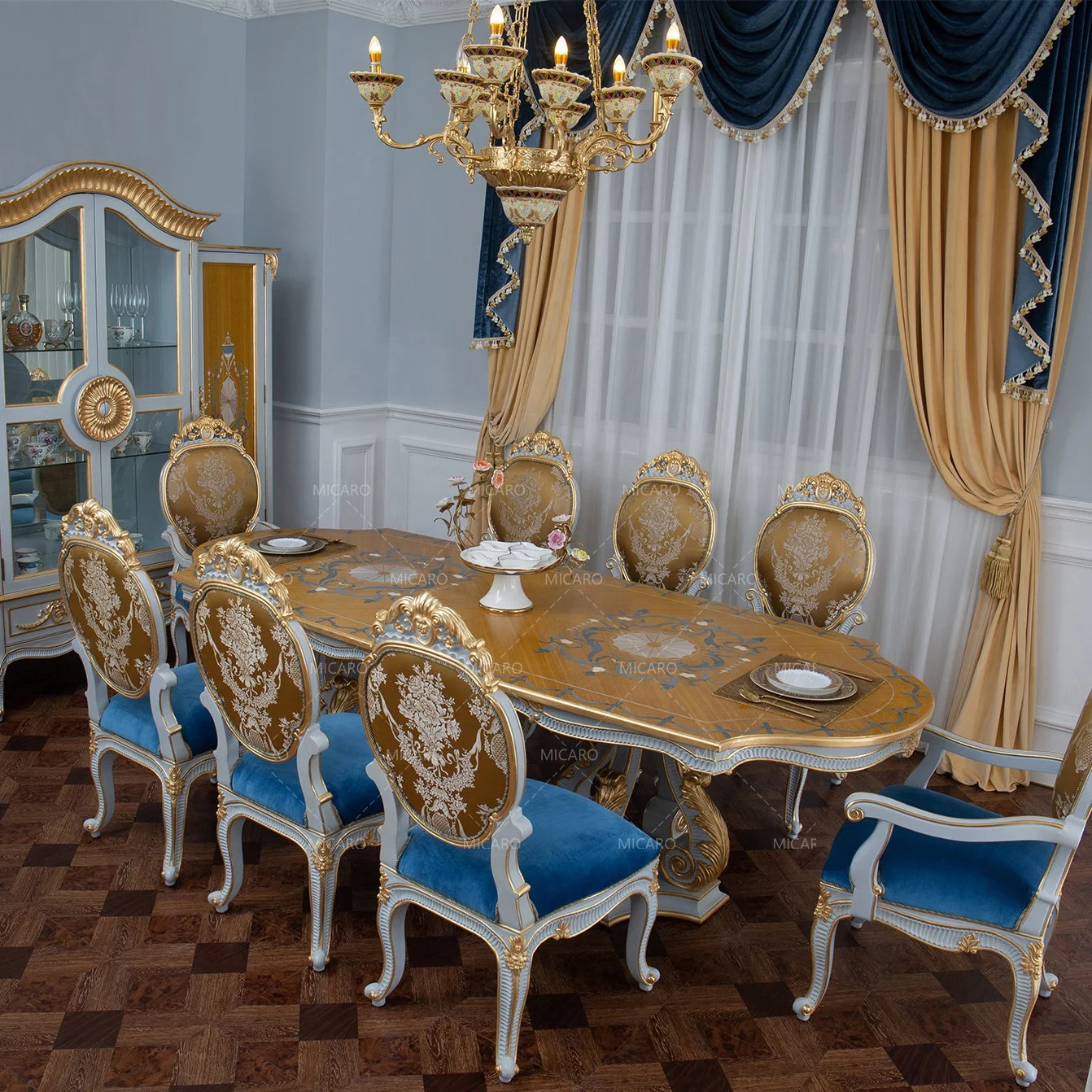 Luxury Italian designs French classic antique wooden dining table with 8 chairs