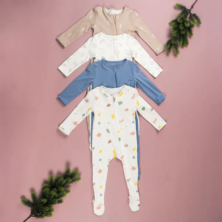 Custom Solid Bamboo Cotton Zipper Baby Romper Footie Pajamas Newborn Baby clothes