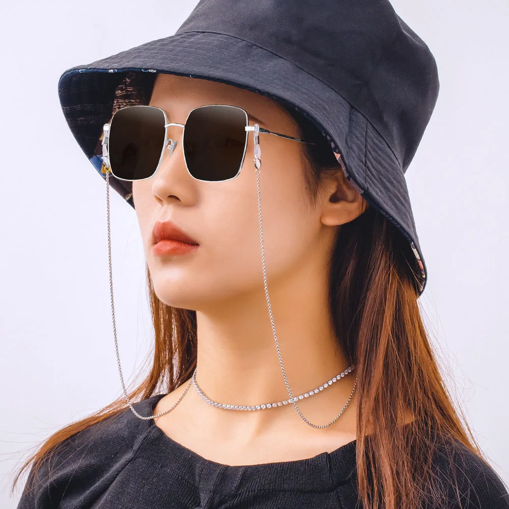 
KRKC fashion custom 14K white gold plated 3mm zirconia iced out Anti-slip Strap Eyeglass holder tennis cable chain glasses chain 