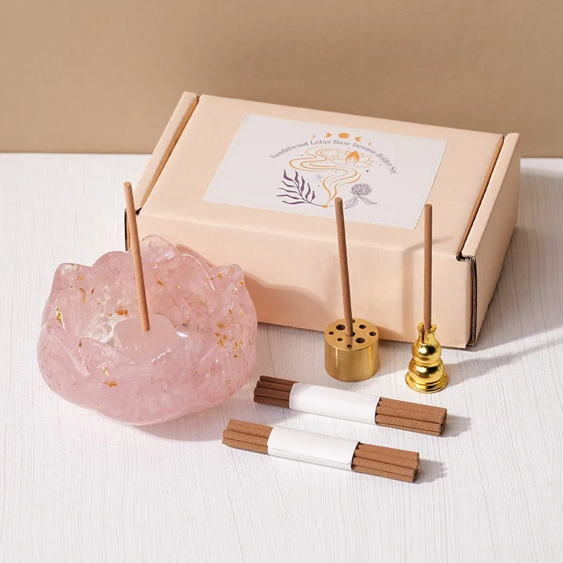 Handmade Crystal Chips Stone Resin Louts Flower Yoga Incense Tray Holder Natural Amethyst Stone Burner Ash Catcher Tray for Spa