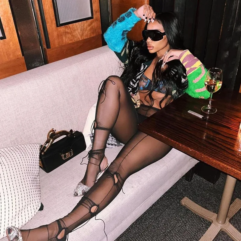 See Through Mesh Sexy Tight Leggings For Womens Nightclub Midnight Party Street Wear Stitching Design Slim Pants