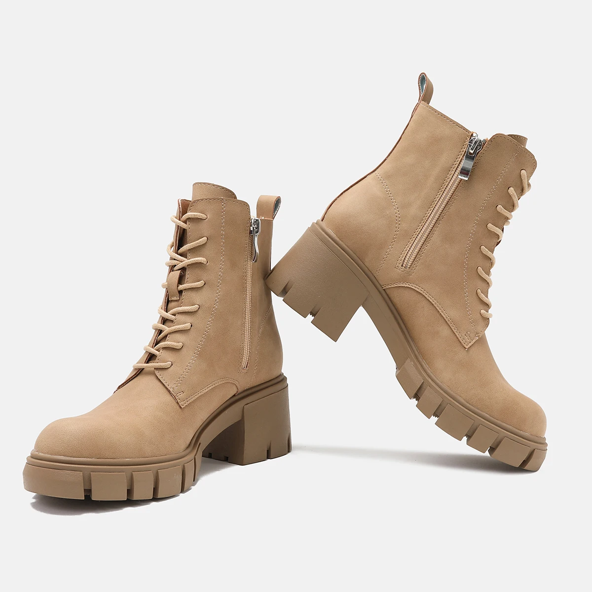 Wholesale Customized High Heel Round Toe Lace-Up fashion Boots Soft Leather Large Size Women Chunky Short Boots For Ladies