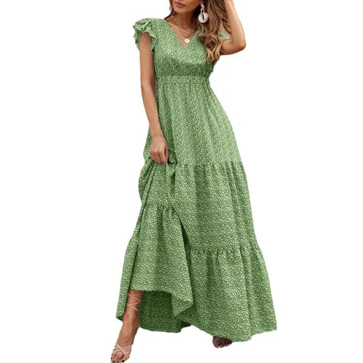Casual Mid-Length Bohemian Dress with V-Neck Waistband Short Sleeve Fabric Cloth Order Model Number