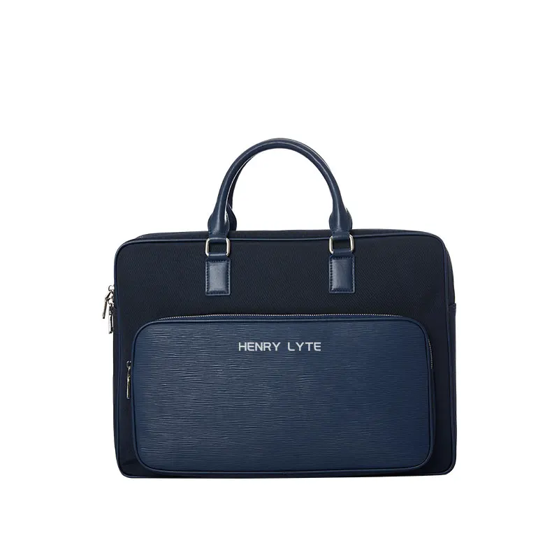 print zip pouch Executive Navy Blue Leather Business Bag Laptop Computer Briefcase for Men, Suitable for Travel Luggage