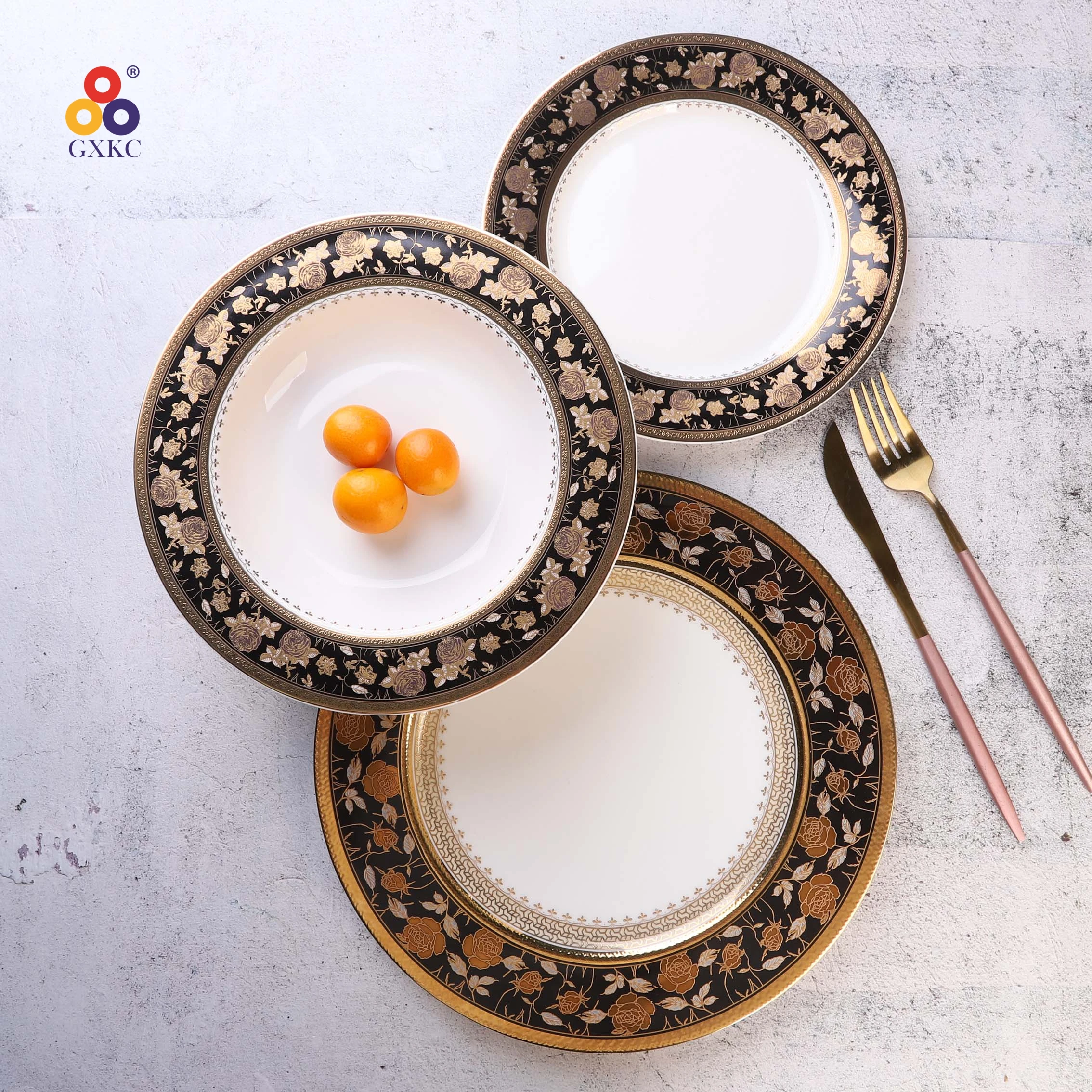 New Year Promotion GXKC SANHUAN 12PCS Coupe Shape Chinese Ceramic Porcelain Dinnerware Set Dish Plate