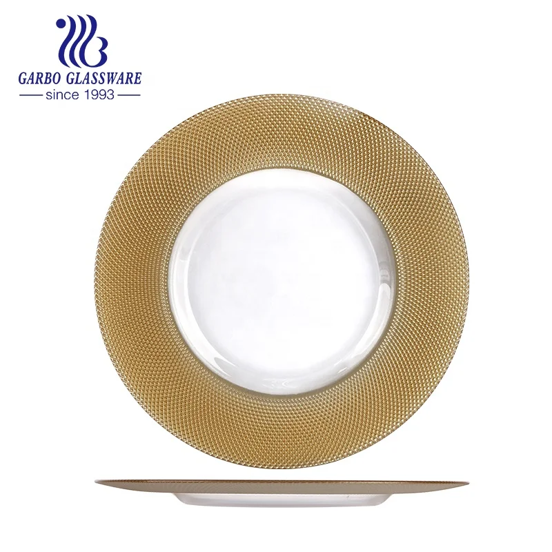 Factory Stunning 10-inch Glass Wedding Plate elegant Charger Glass Plate with Gold Decoration for a Memorable Dining Experience