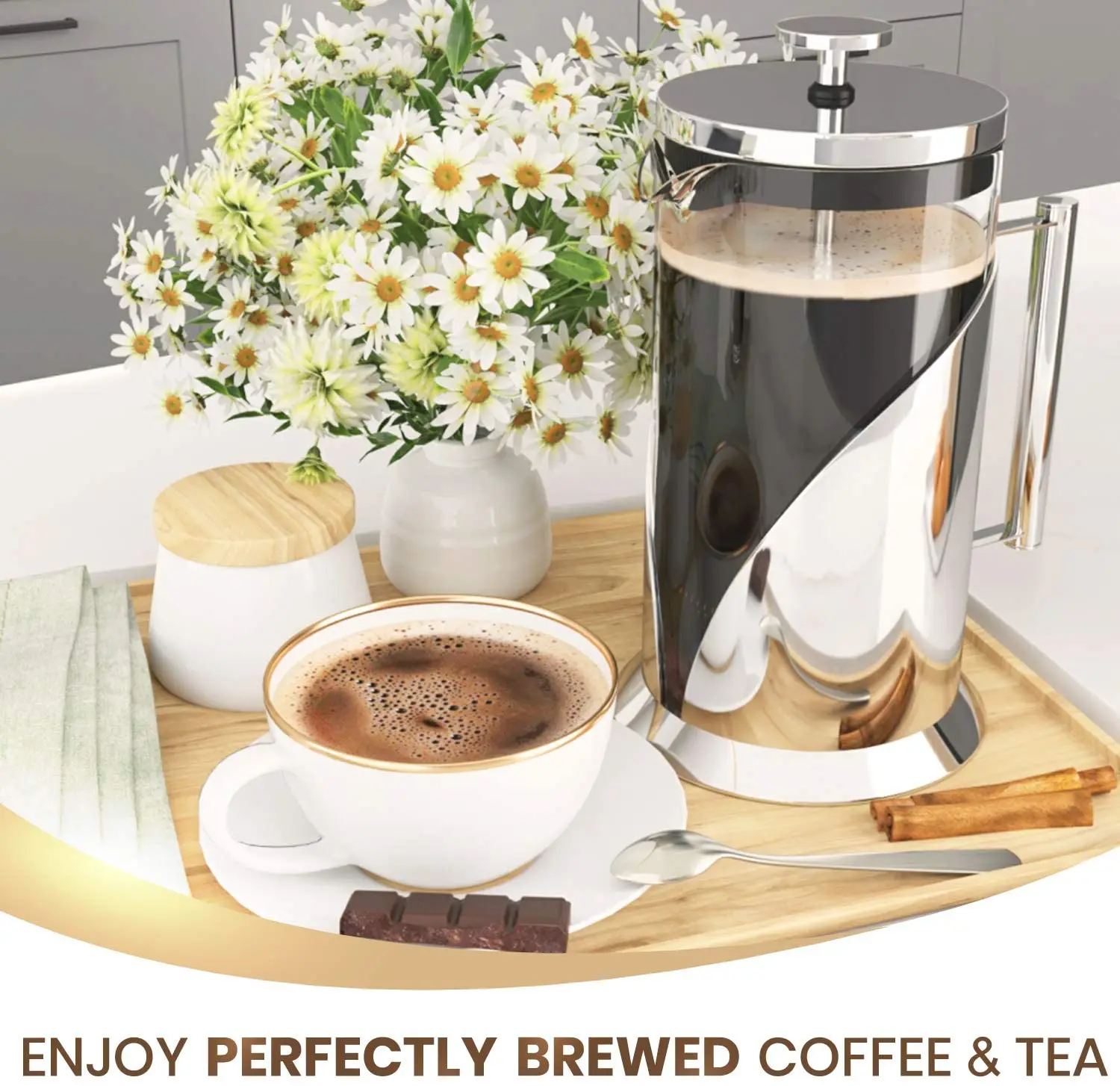 Heat Resistant Glass Coffee Maker with 4 Level Filtration System Stainless Steel French Press