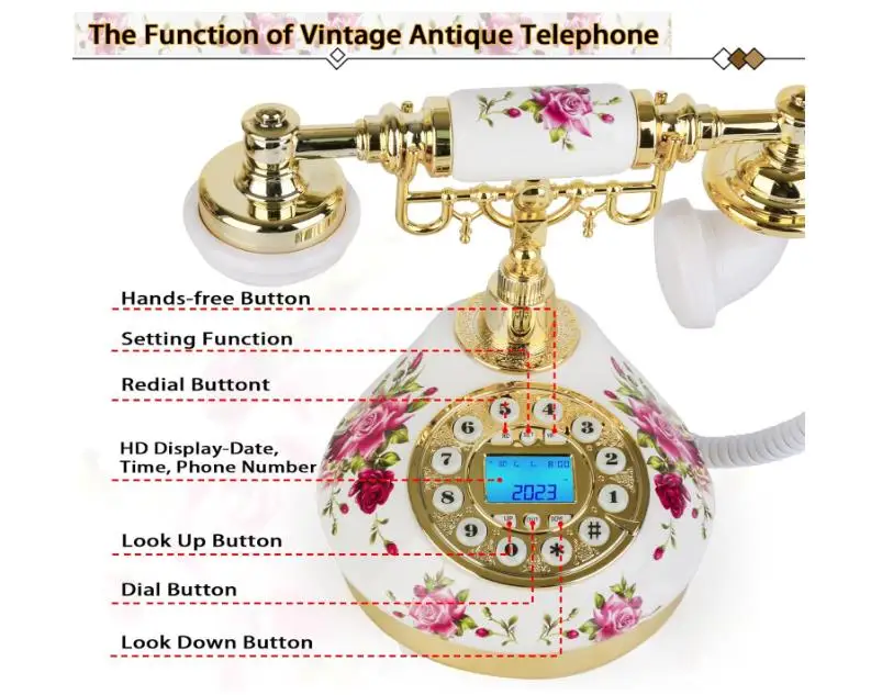 Retro Vintage Phone Antique Telephone with Push Button Old Fashioned Landline Phone with LCD Display Ceramic Corded Telephones