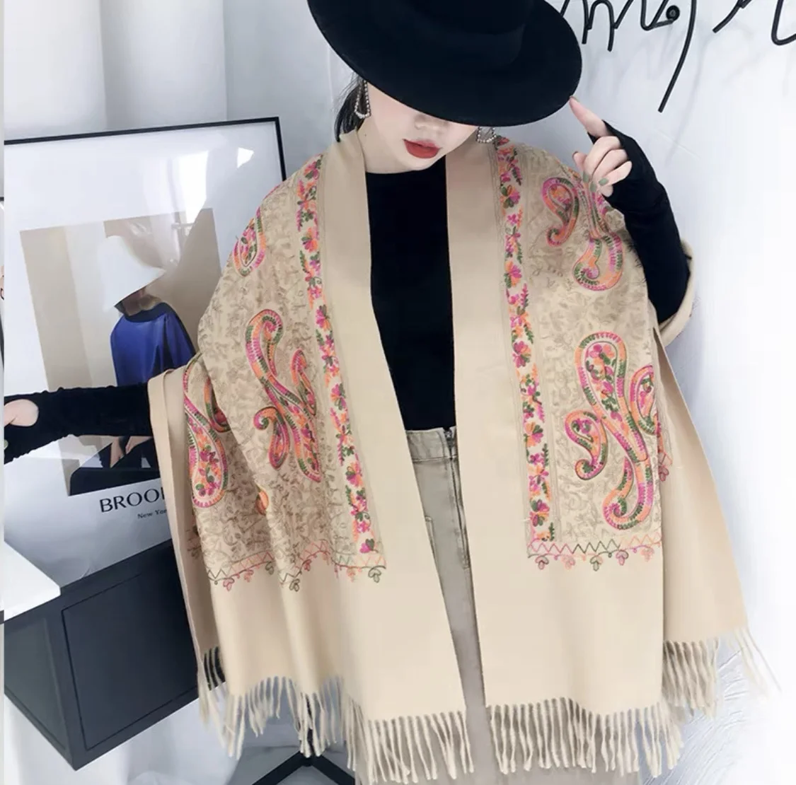 Soft Woman Scarf Cashmere Pashmina Shawls Multicolor Long Fringe Long Scarf Women