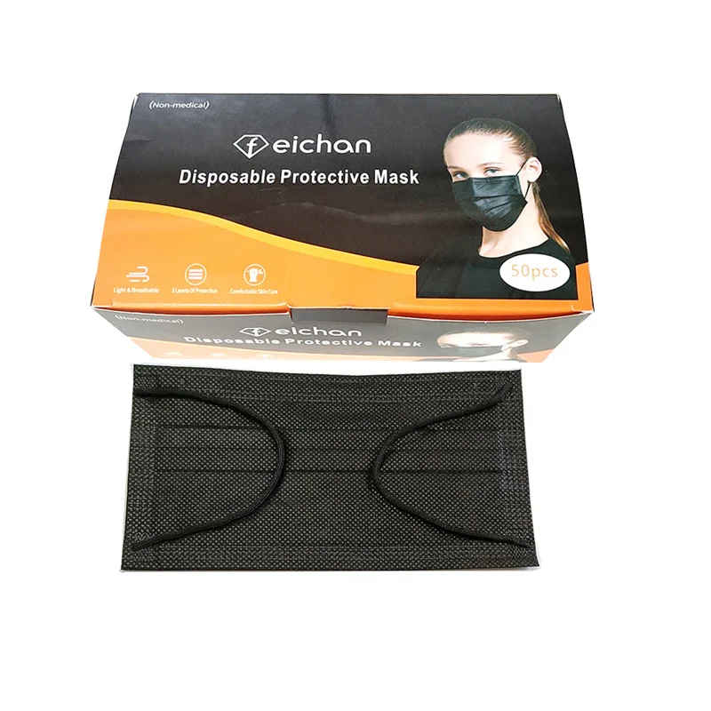 cheap black color medical 3ply face masks 50 pc with box black 3-ply disposable black face masks ready to ship