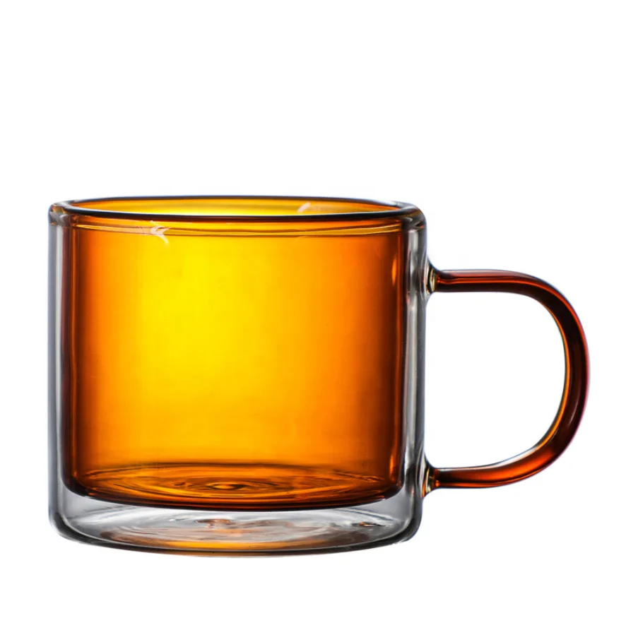 Wholesale customized logo large 250ml clear colorful borosilicate insulated double wall glass coffee tea cups mugs with handle