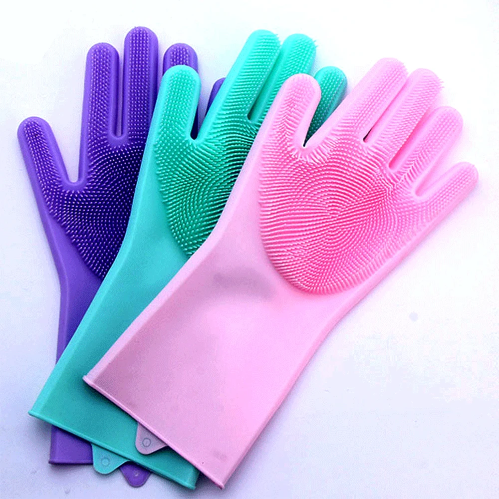 Two-in-one Silicone gloves multi-functional housework gloves pet bath or kitchen cleaning dishwashing gloves thickened