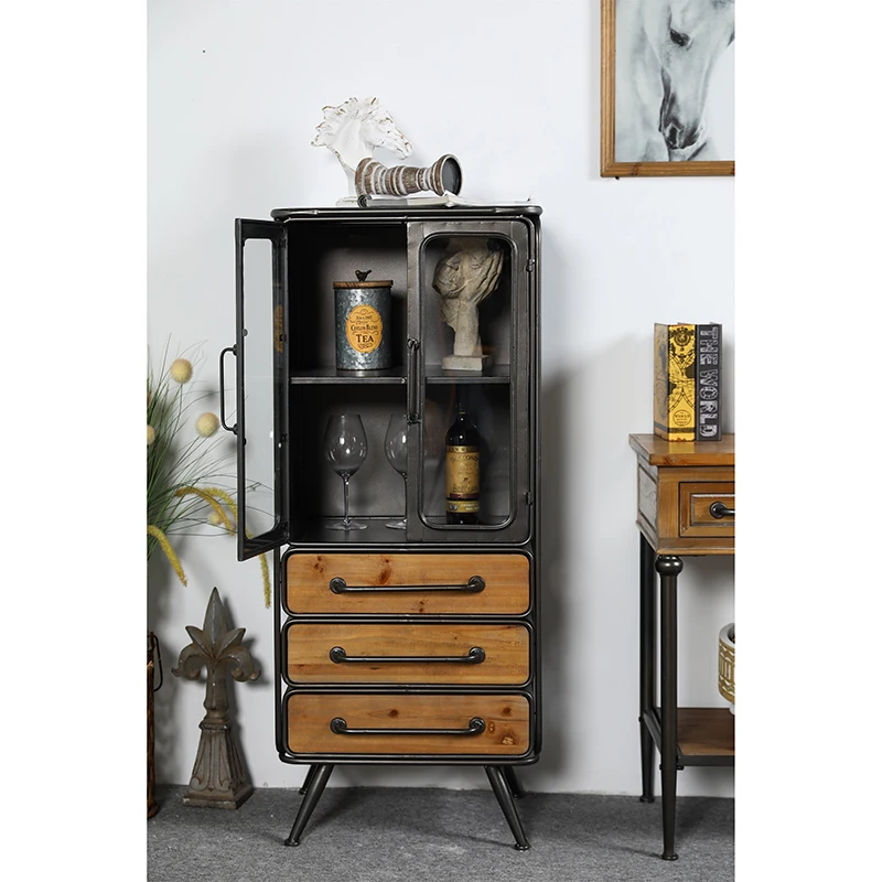 INNOVA Home Vintage Kitchen Wood Metal Storage Drawers Sideboard Accents Industrial Furniture Display Glass Door Cabinets