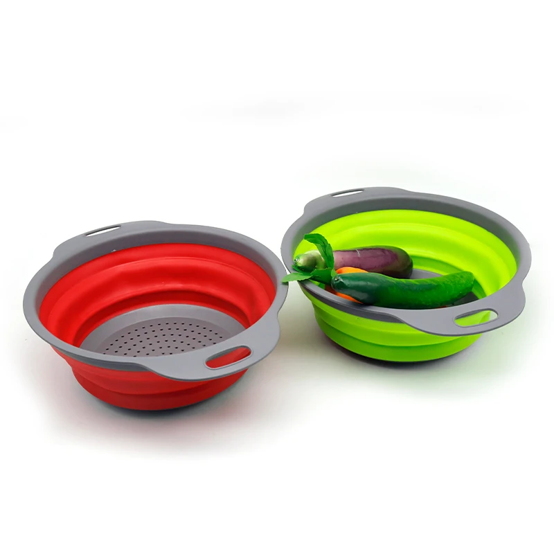 Hot sale 2 size kitchen strainer foldable wash colander round silicone vegetable drain basket