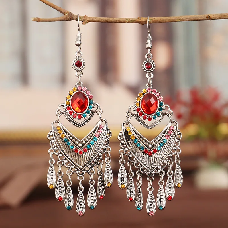 Women Wholesale Chinese Ethnic-style Long Tassel Earrings Color Crystal Miao Silver Hook Earrings 2021