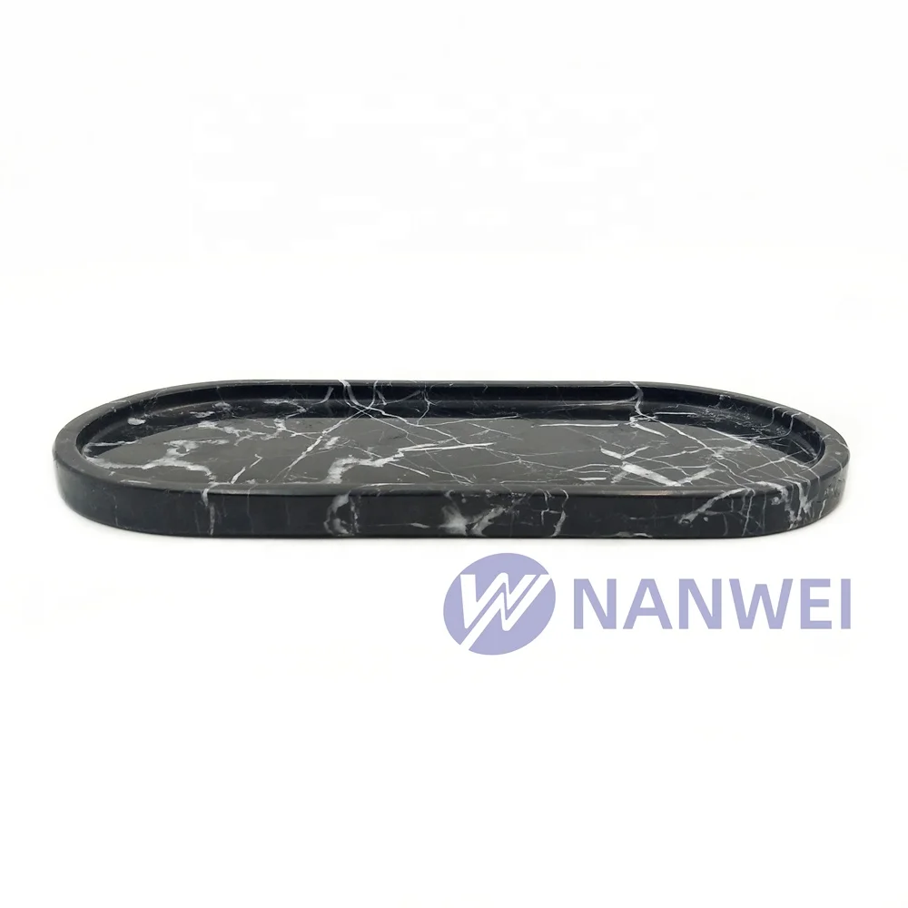 Nanwei Stone Custom Oval Black Marquina Marble Cafeteria Serving Tray