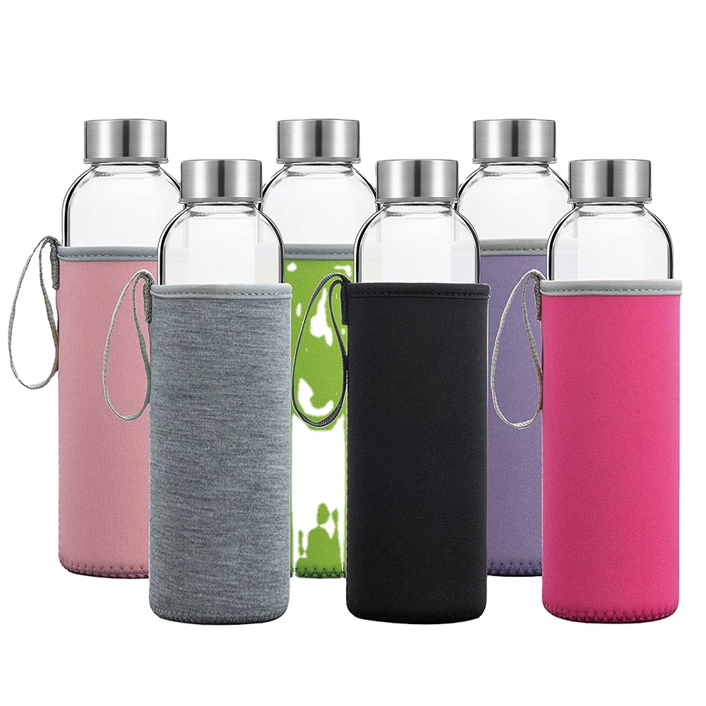 18oz LeakProof Protective Neoprene Sleeve Drinking Water Glass Juice Bottle With Stainless Steel Lids