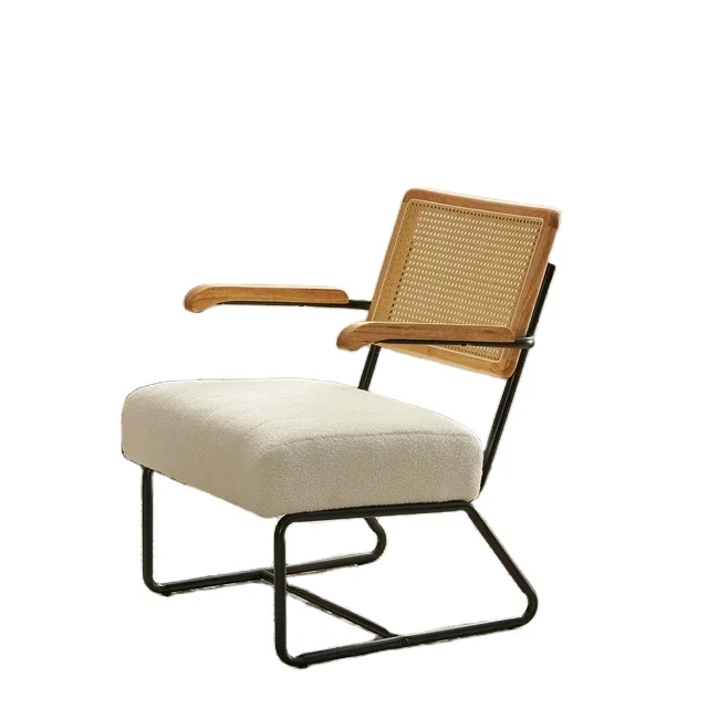 Living Room Bedroom Upholstered Sherpa Boucle Fabric Accent Chair with Rattan Backrest Solid Wood Armrest