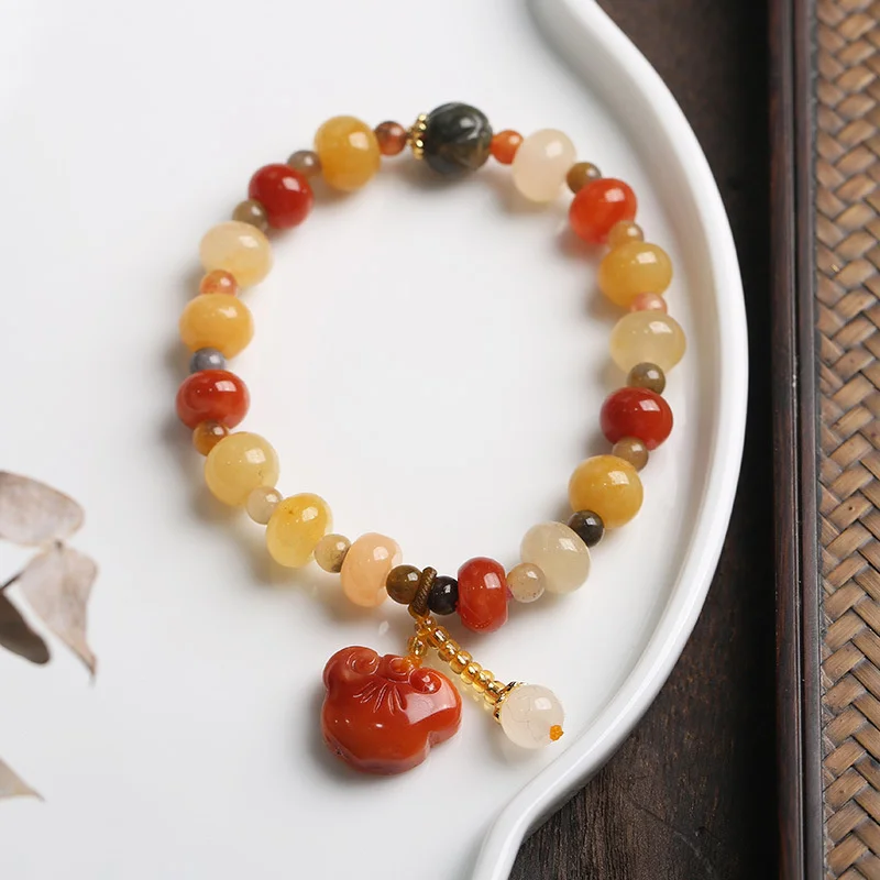 Natural Gold Silk Jade Beaded Bracelets for Women Handmade Vintage Jewelry Female Safety Lock Pendent Chinese Jade Bracelet