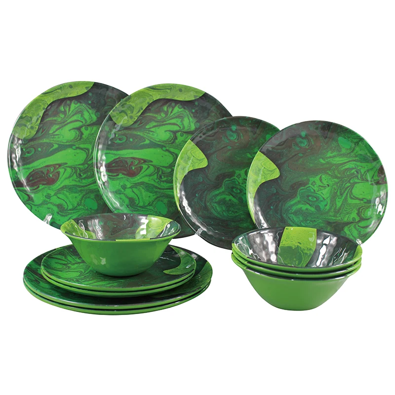 Wholesale 12PCS Cheap Custom Logo Western Unbreakable Round Melamine Camping Tableware Set