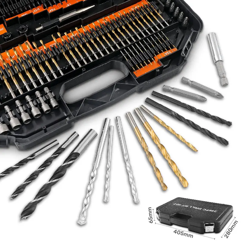 246pc SAE HSS Metal Twist, Brad Point Wood, Masonry & Spade Drill Bits with Multi Screwdriver Bits & Nut Drivers. OEM ODM Ready