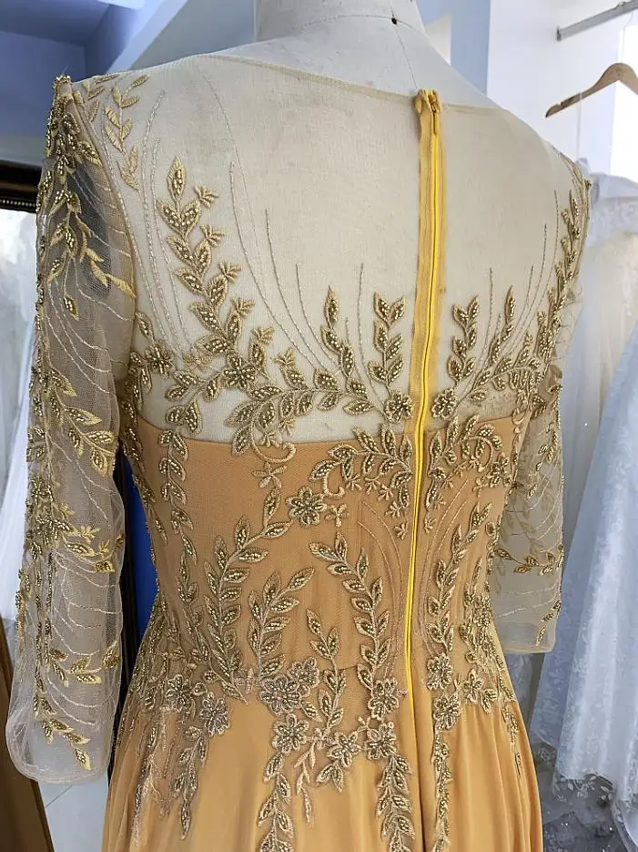 Mustard plus size Embroidery beading long sleeve full back chiffon A line skirt mother of the bride evening dresses for wedding