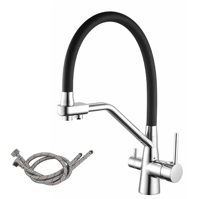 Black Economic Flexible Brass Hot and Cold Water Kitchen Faucet Dual Handle Purification Russia Pull Out Kitchen Tap