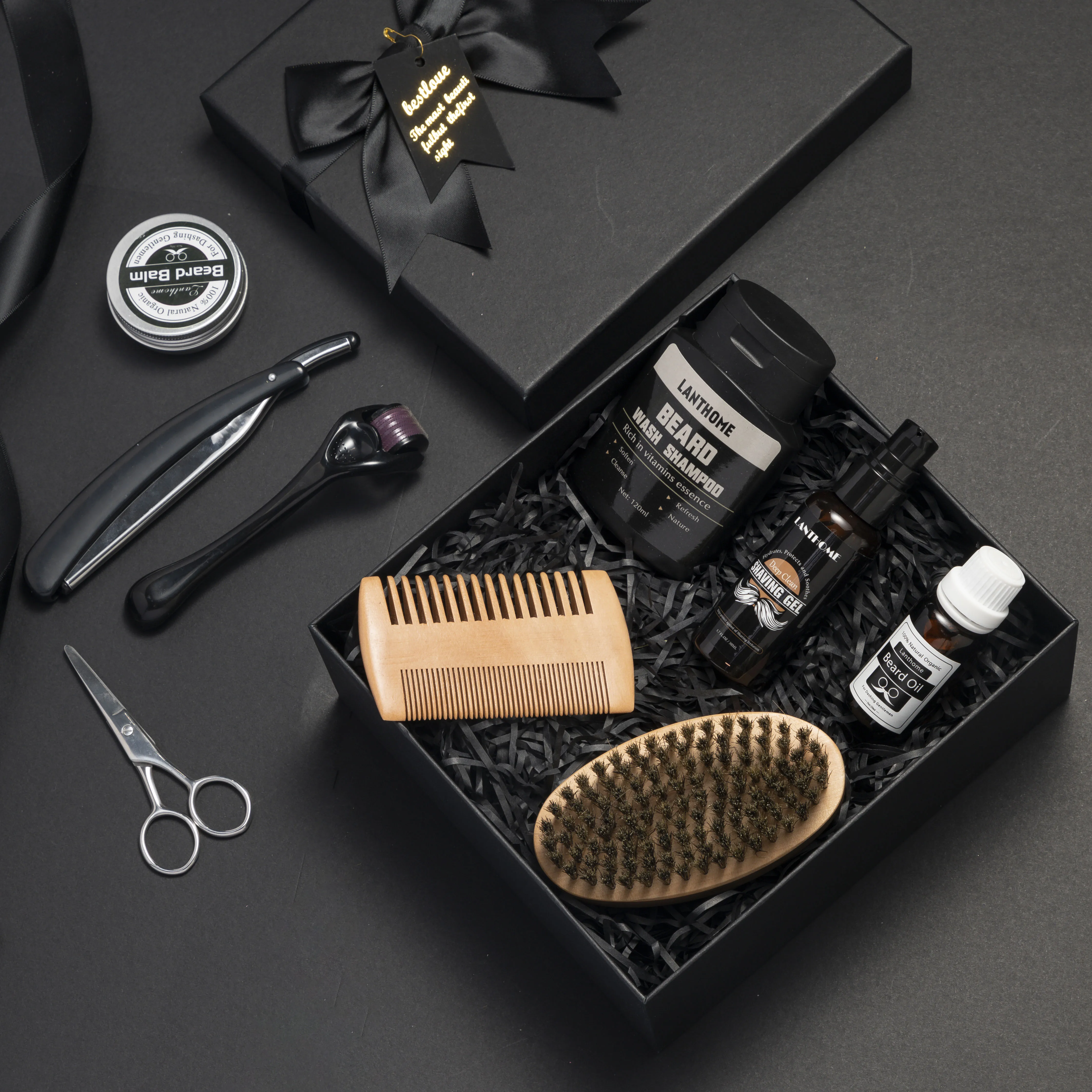 LANTHOME Men Organic Beard Oil Balm Moustache Wax Styling Beeswax Moisturizing Smoothing Gentlemen Beard Care Grooming Kit