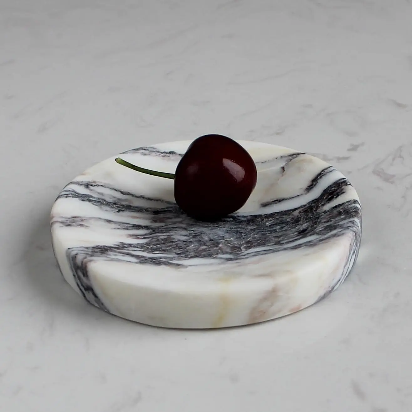 stonekocc Natural Stone Crafts Italian Calacatta Viola Marble Soap Dish Round Small Jewelry Dish Sponge Holder for Bathroom