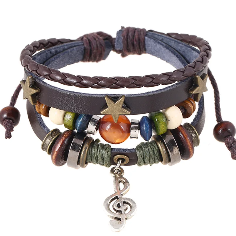 Wholesale Music Symbol Pendant Personalized Jewelry Alloy Tassle Genuine Leather Bracelet Wooden Bracelet for Women