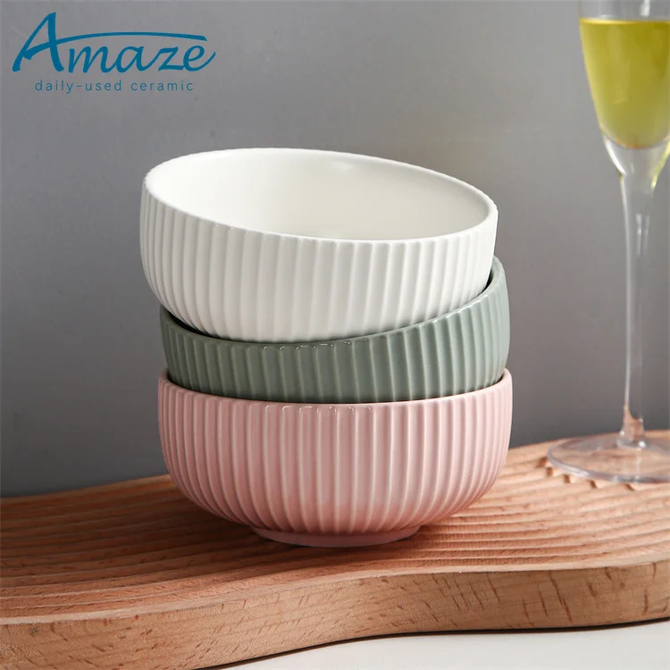 Экологически чистая матовая зеленая глазурованная полосатая круглая миска для риса супа салата керамическая кухни в скандинавском стиле