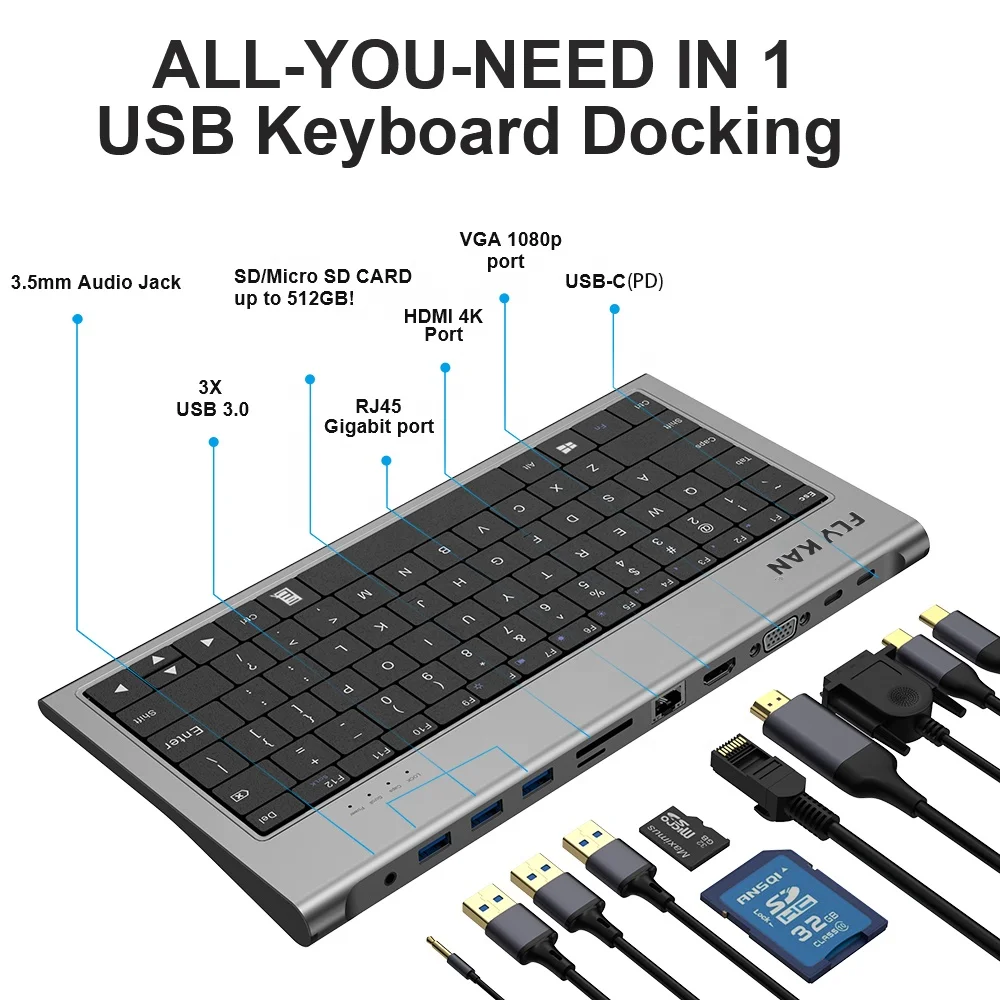 Universal USB-C Keyboard Style Docking Station (100w PD, 4K*2K HD, USB3.0 Hub x 3, Gigabit LAN)-Fly Kan UC3300