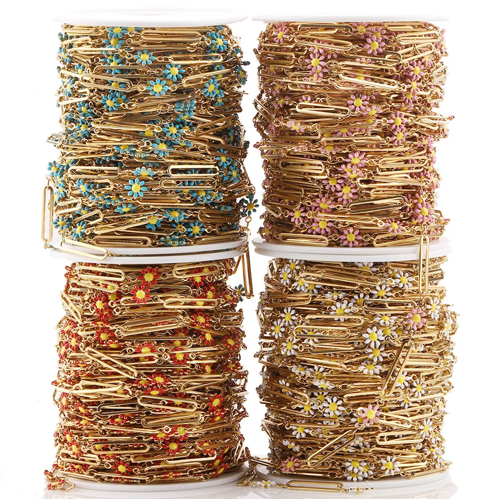 Jewelry and decorative making bulk chain with long paper clip and flower petals linked enamel clavicle chain in roll