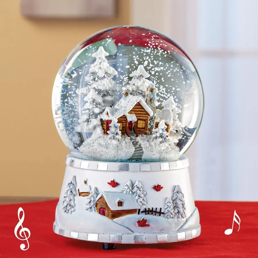 Chinese Factory Musical Christmas Snowy Log Cabin in Woods Scene Snow Globe Table Holiday Decor Xmas Festive Resin Home Decor