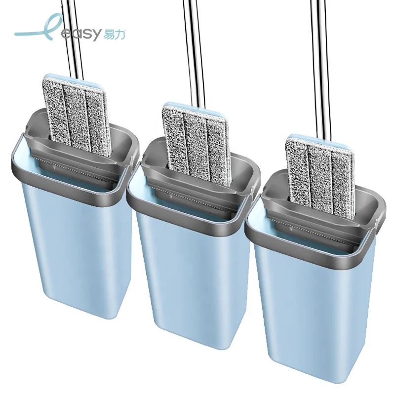 Wet Dry Floor Cleaning Hand Free Microfiber Flat Mop Hands Free Mop Bucket with Wringer Set Flat Squeeze Mop and Bucket Set