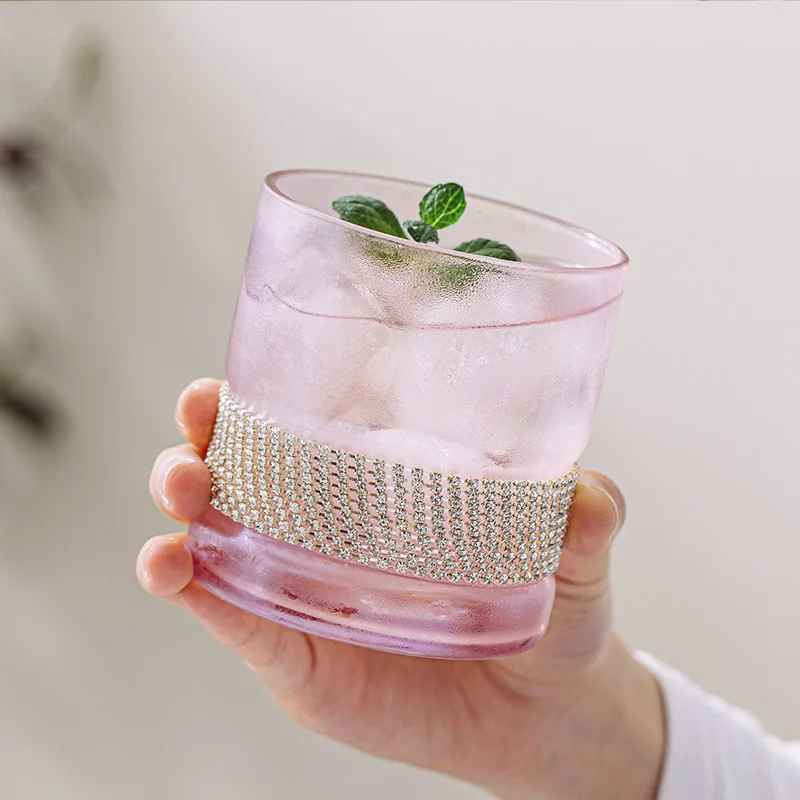 Water Glass Cup Pink Crystal Wedding DIAMOND Heavy Bottom Whiskey Water Drinking Tumbler Cup