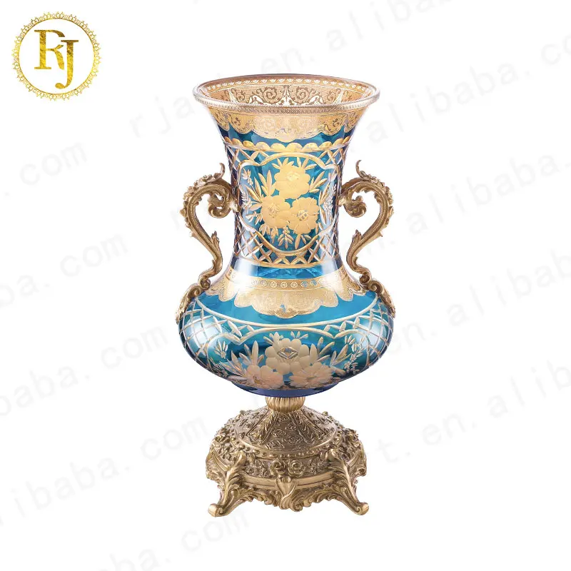 Dubai Turkey Complete Gift crystal home decor vases Idishlar gold Pattern Chinni Posuda blue vase glass
