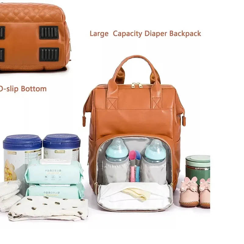 Leather Diaper Bag Backpack for Women with Multiple Pockets Baby Travel Bag Organizer Custom Vegan Leather PU OEM Print 1pcs/opp
