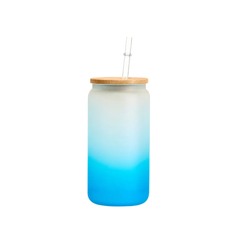 Glass cup sublimation colored gradient frosted glass 16oz Mason Jar Drinking Glass Cup with Straw and Bamboo Lid