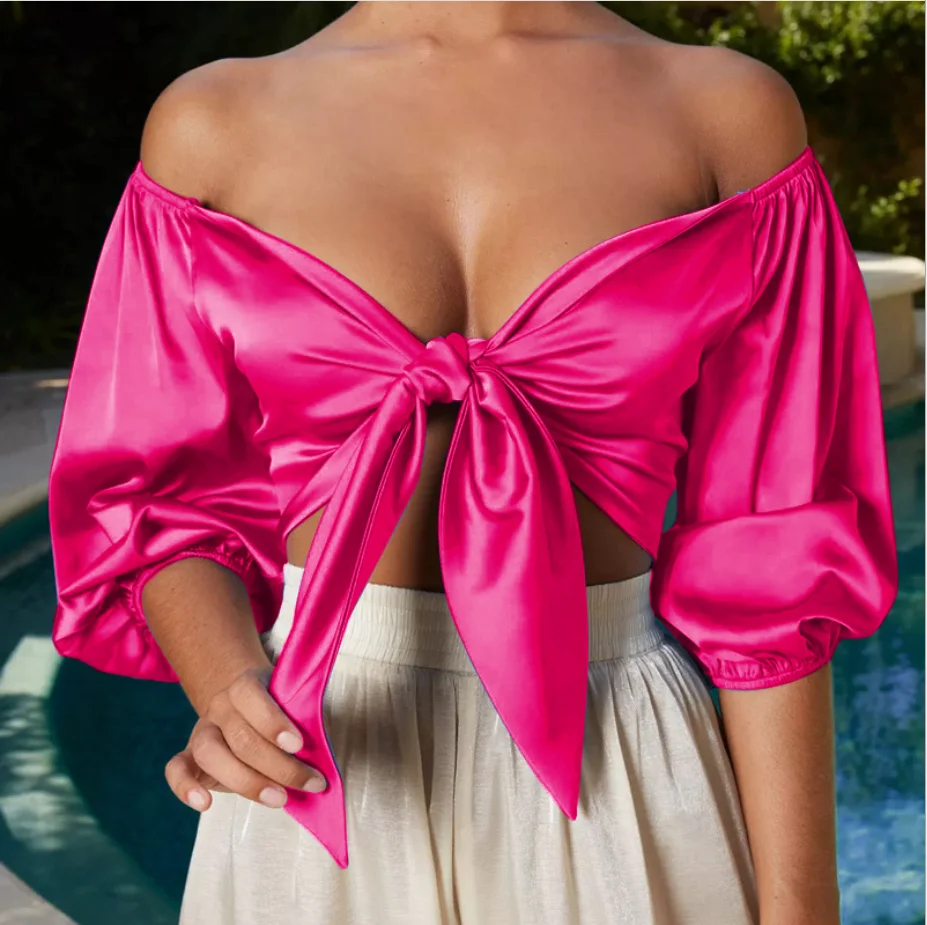 
2021 newest arrived neon color bow half sleeve top hot sale silk crop shirts 