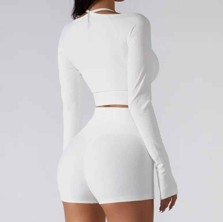 Yoga Sets Women Sportswear Suit Two Piece Set Long Sleeve Crop Top Short Leggings Workout Clothes High Waist Gym Wear C14301