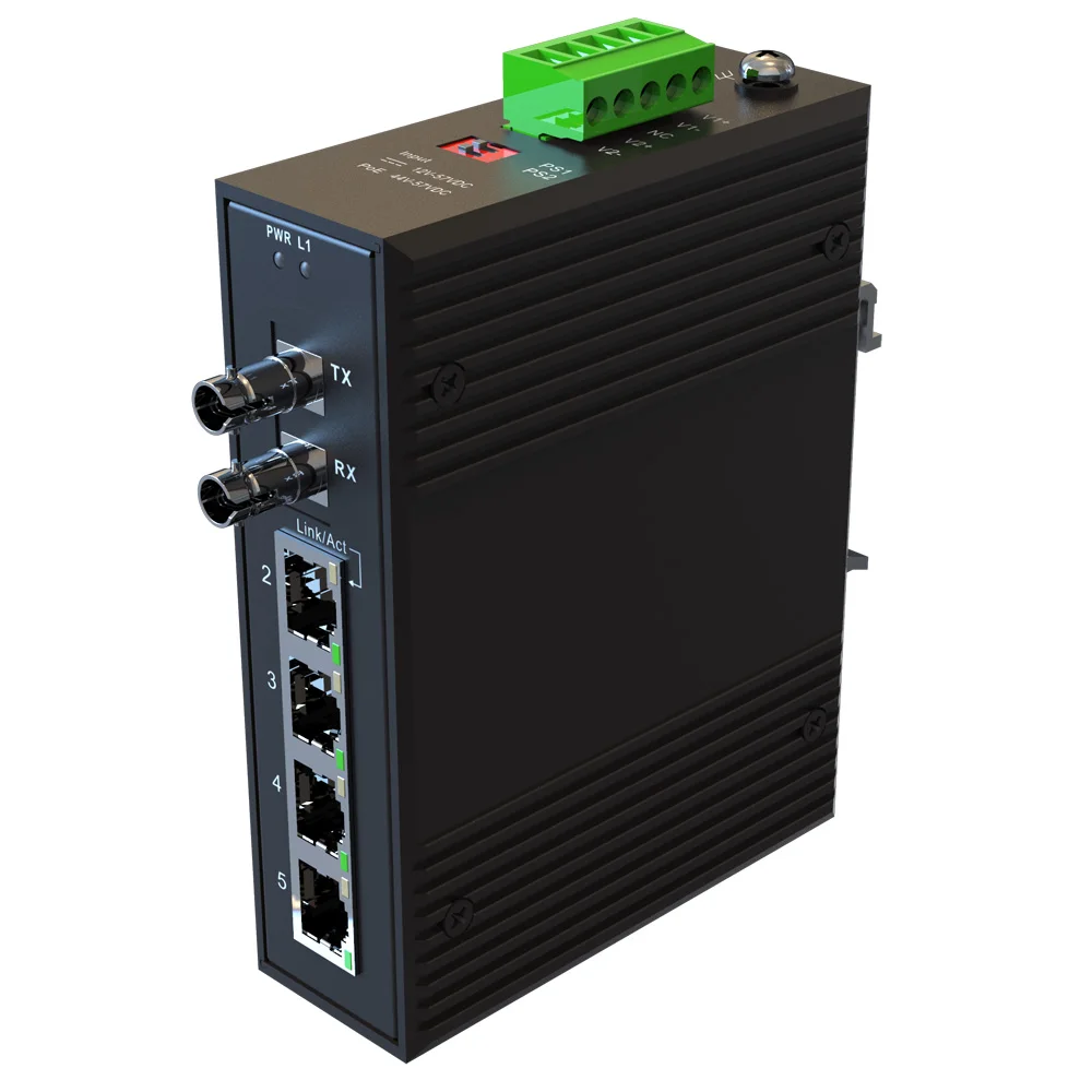 AC 85V-265V Input 5-Port Industrial 100M Unmanaged Ethernet Switch 4*10/100Mbps RJ45 Ports 1*100BaseFX 1*9 Ports