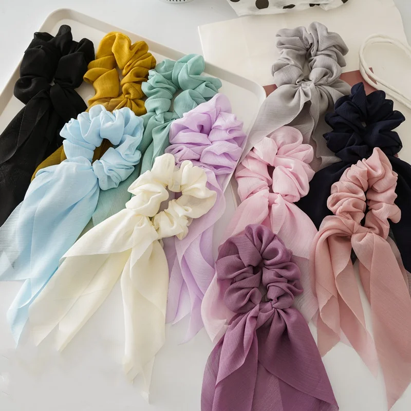 Chiffon Thin Bow Ribbon Tassel Large Hair Loop Hot Selling Solid Color Fabric Elastic Headband