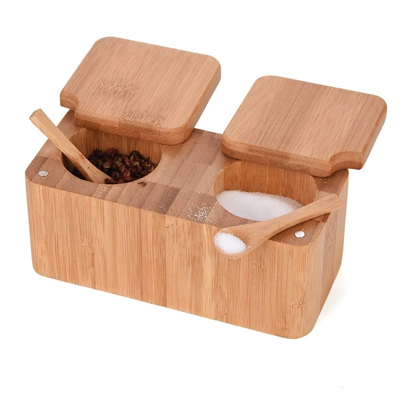 2Pcs Modern Bamboo Spice Container Salt And Pepper Bamboo Spice Jar Seasoning Box For Restaurant