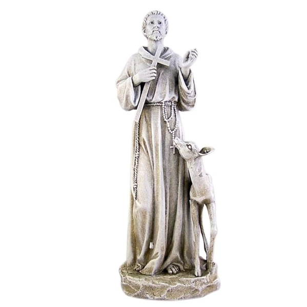 Resin statue of Saint Francis of Assisi with deer. Outdoor home garden decor