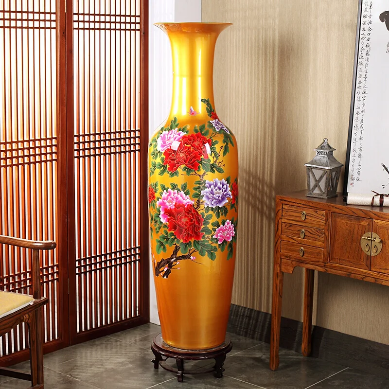 Golden Ceramic Supplier Vintage Decoration Gold Flower Pattern Ceramic Flower Vase Yellow Porcelain Vase For Living Room